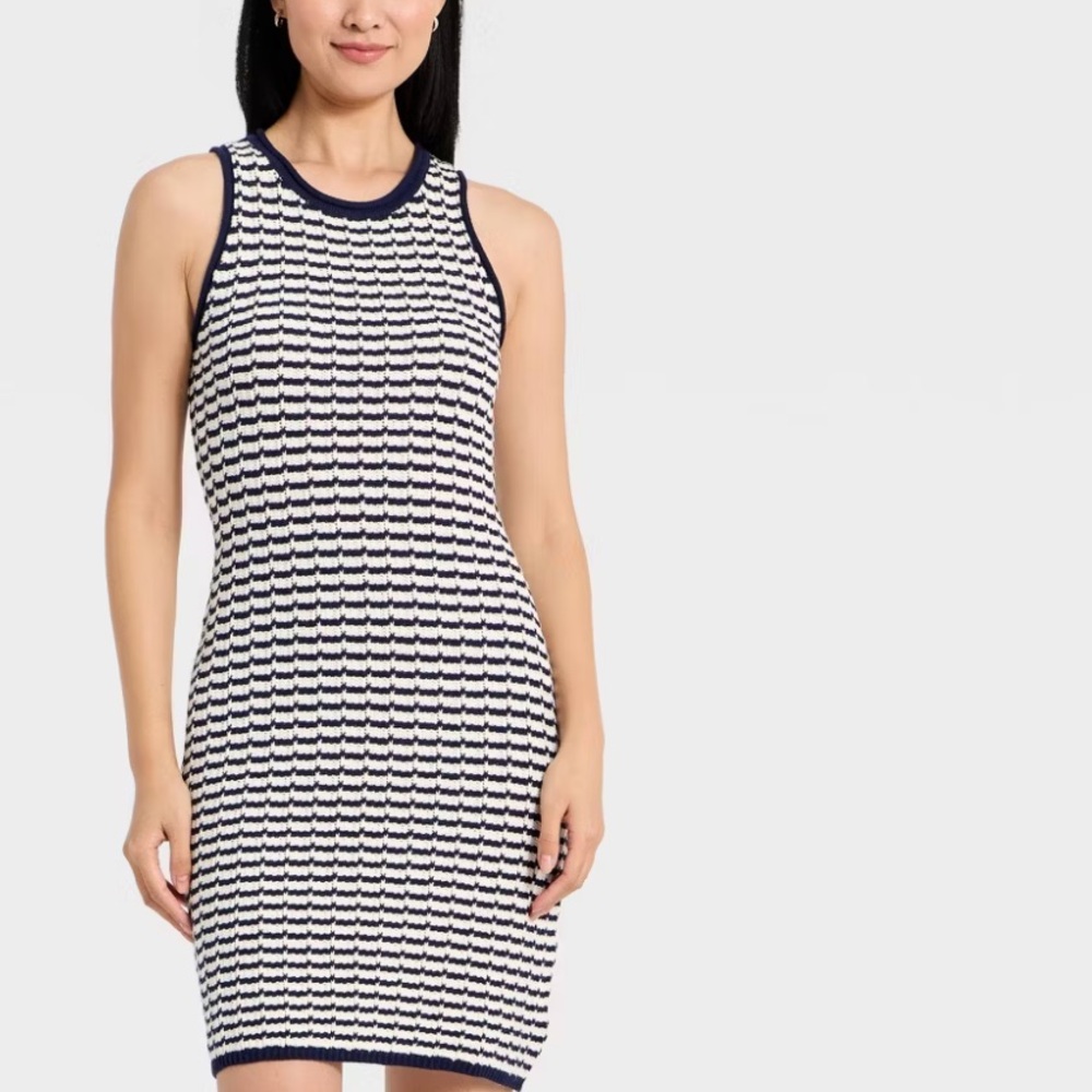 Sleeveless Navy and White crochet Striped Knit Sheath Dress